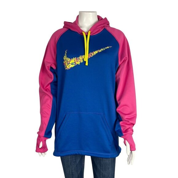 Nike Therma-Fit Womens Retro Style Hoodie Large Pink Blue Swoosh - Picture 1 of 6